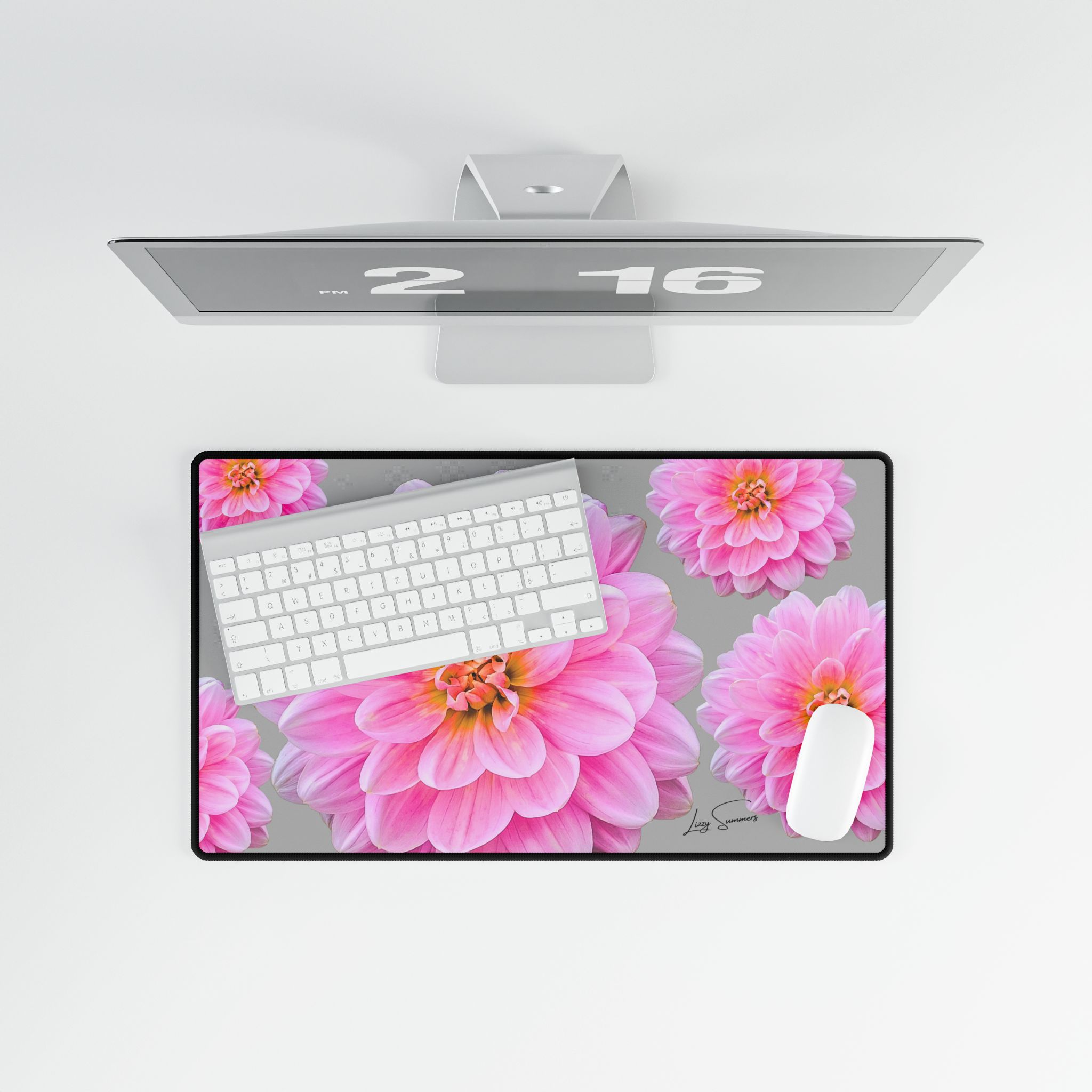 Pink Flower on Grey Desk Mat Desk Pad - Image 12
