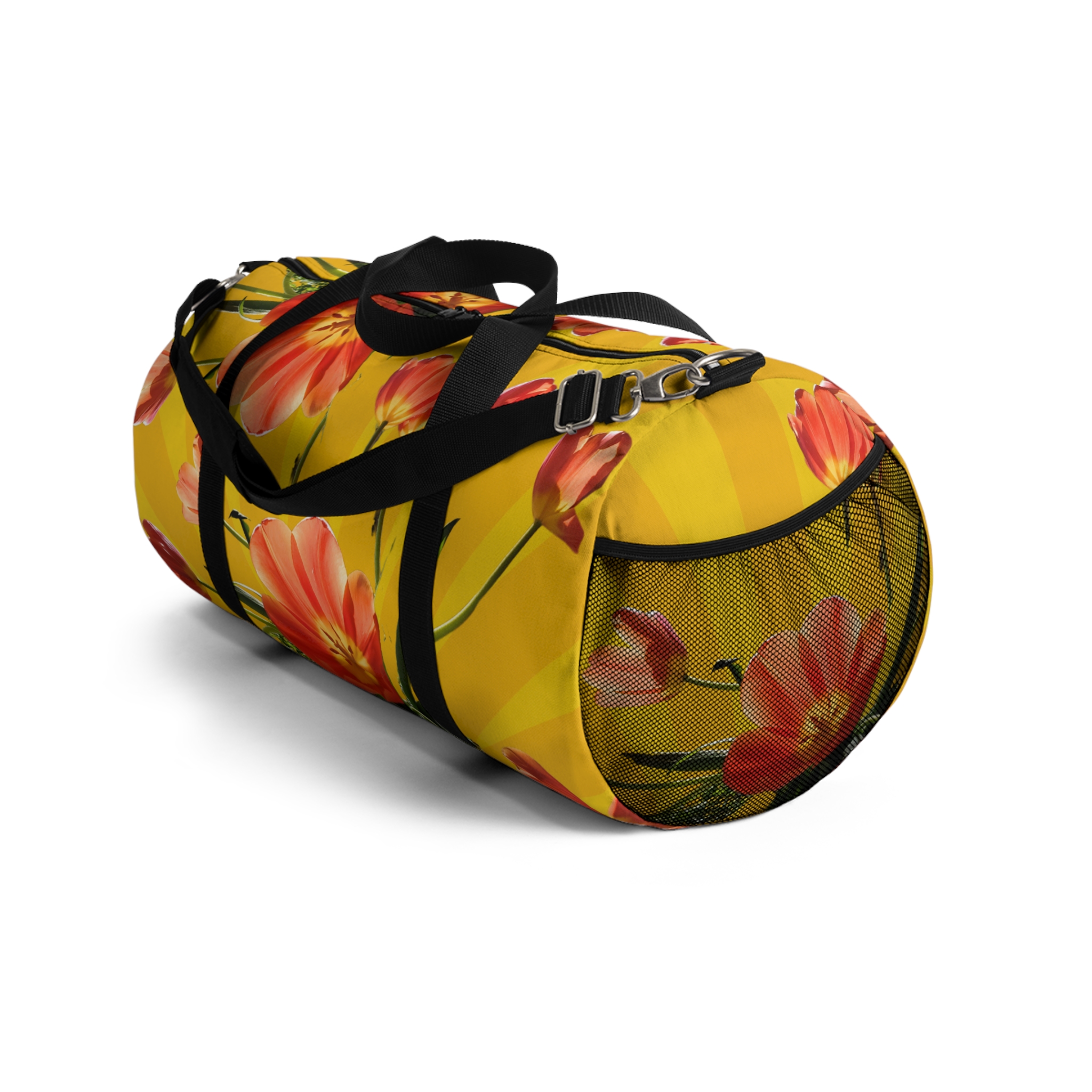 Vibrant Red Tulips on Yellow Duffel Bag - Image 4