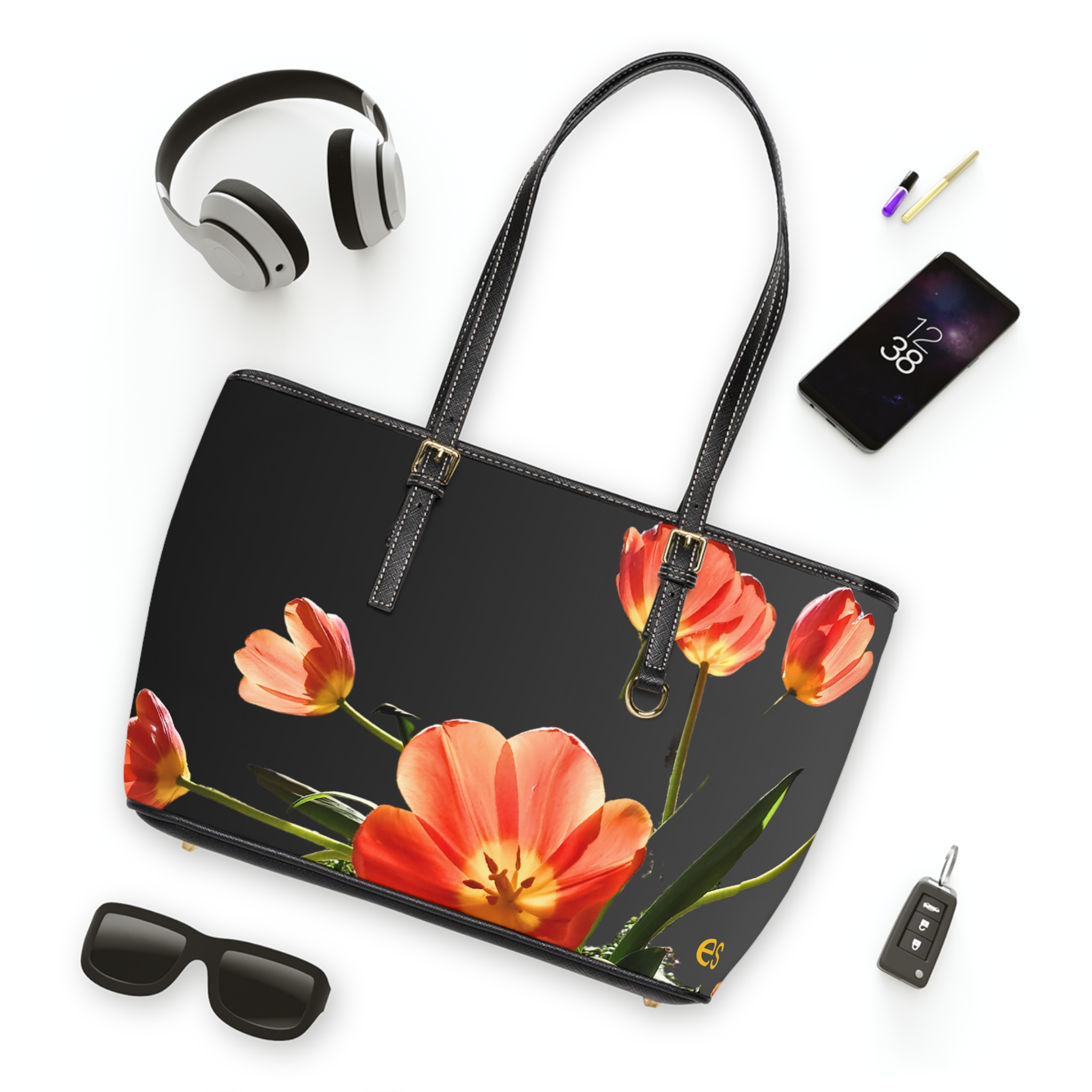 Shoulder Bag, Orange Tulip on Black - Image 7