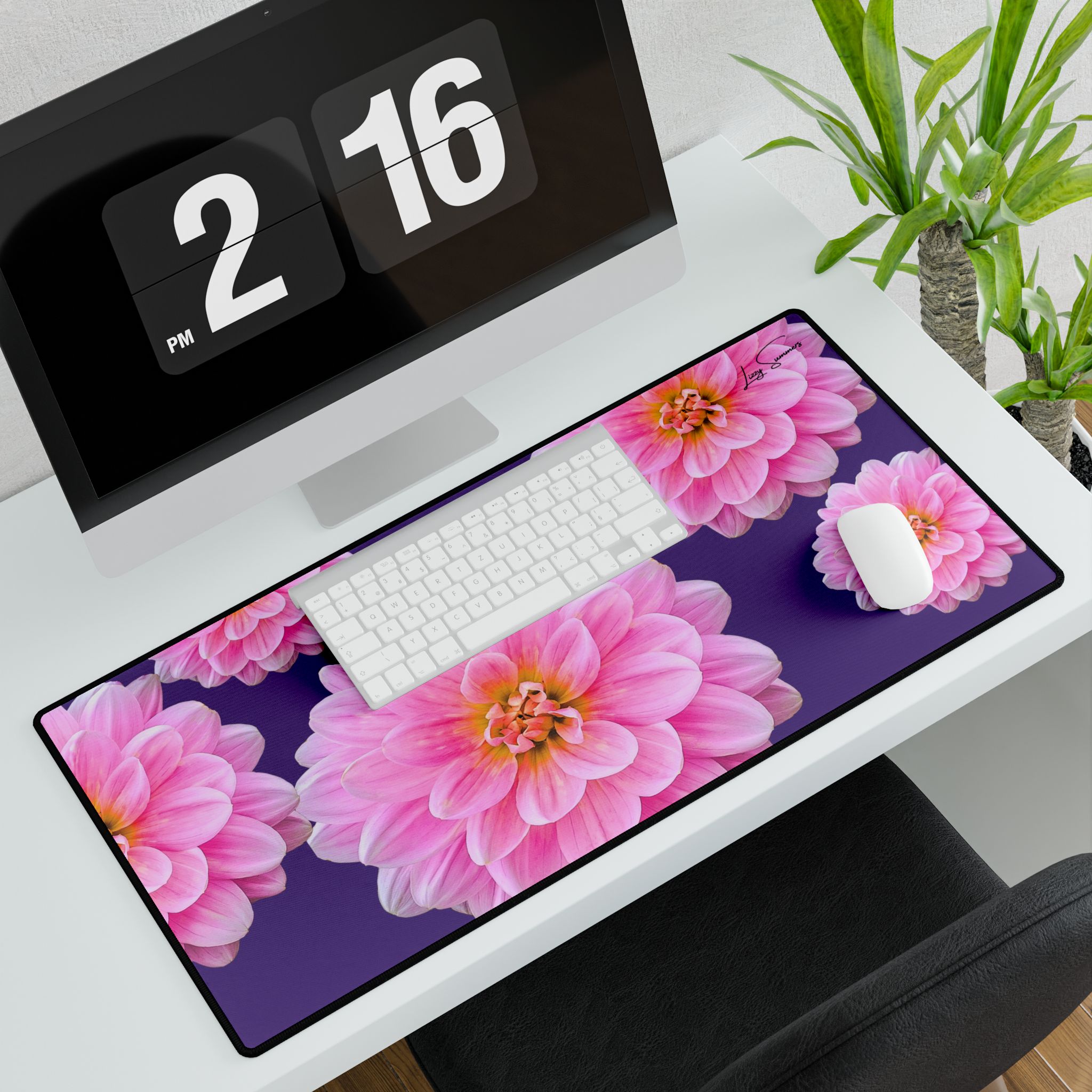 Pink Flower on Purple Dest Mat Desk Pad - Image 3