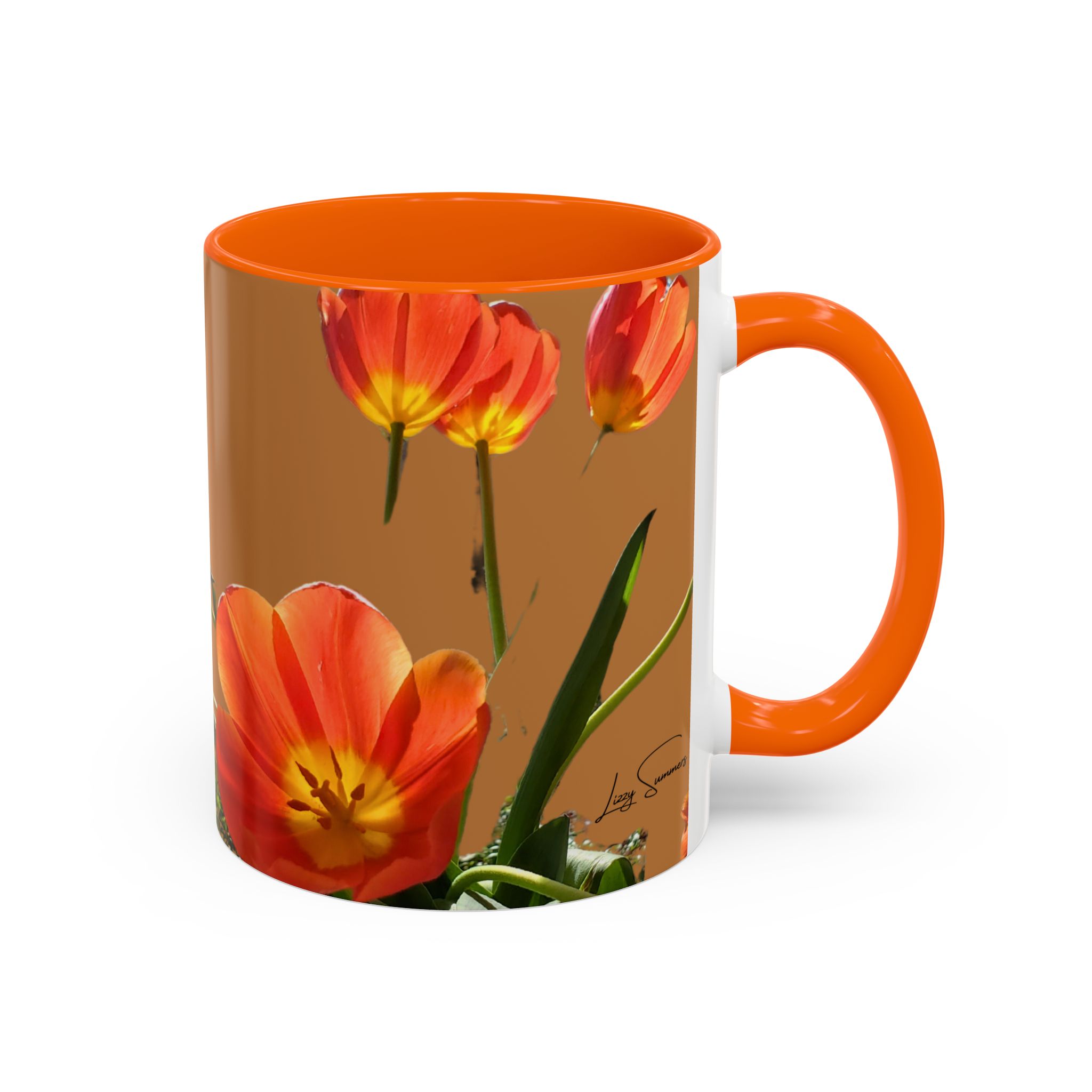 Coffee Mug Tulips on Brown Mug - Image 3