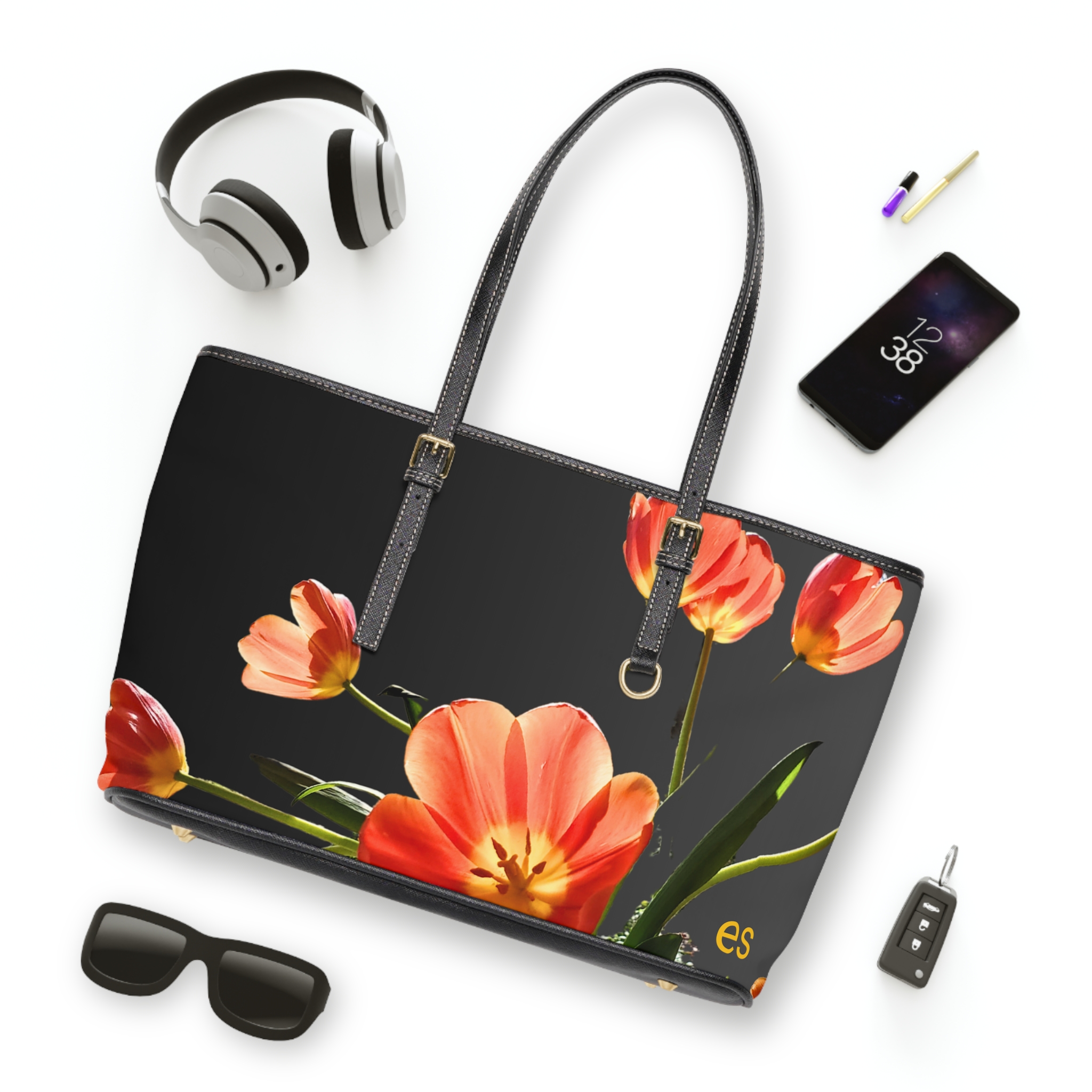 Shoulder Bag, Orange Tulip on Black - Image 3
