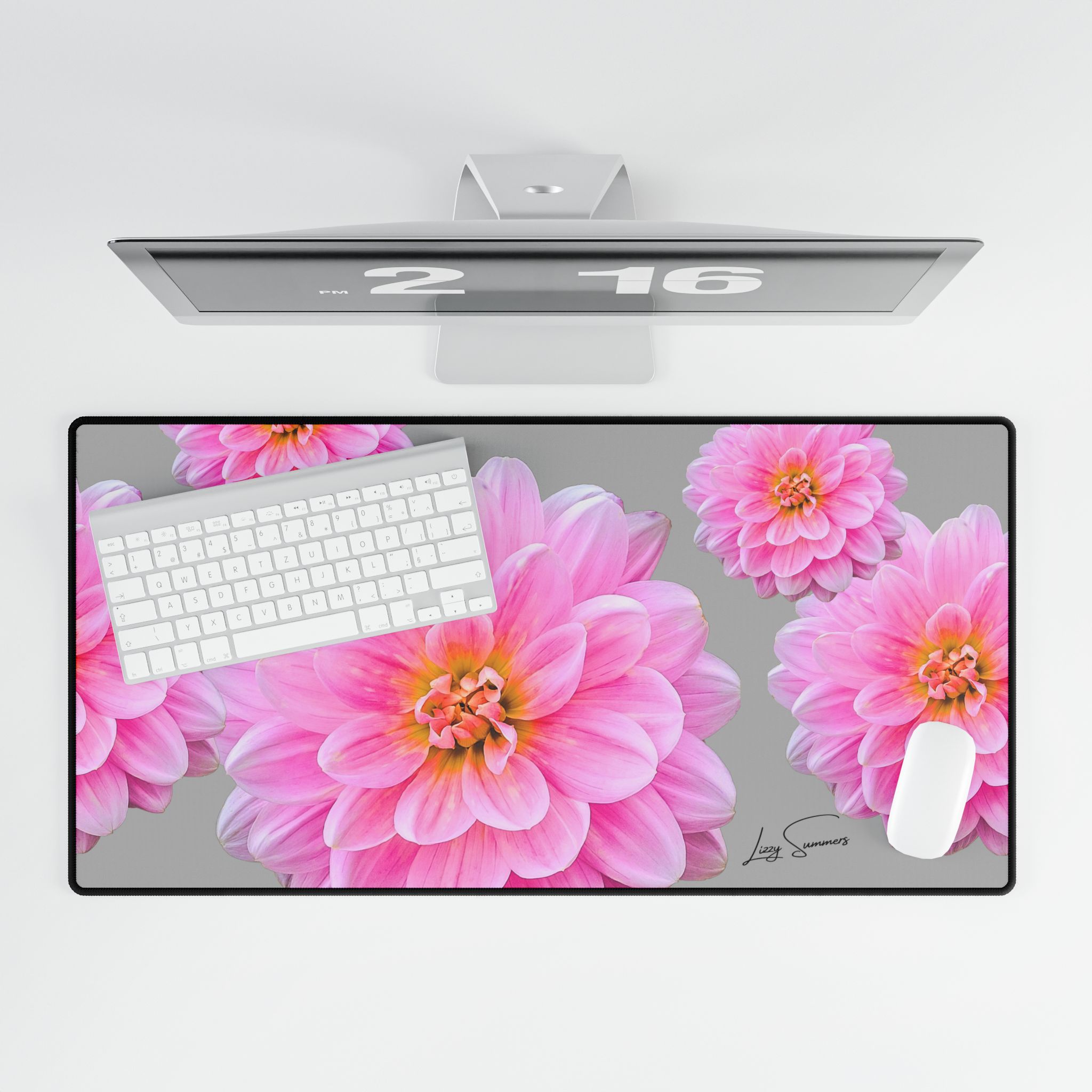 Pink Flower on Grey Desk Mat Desk Pad - Image 4