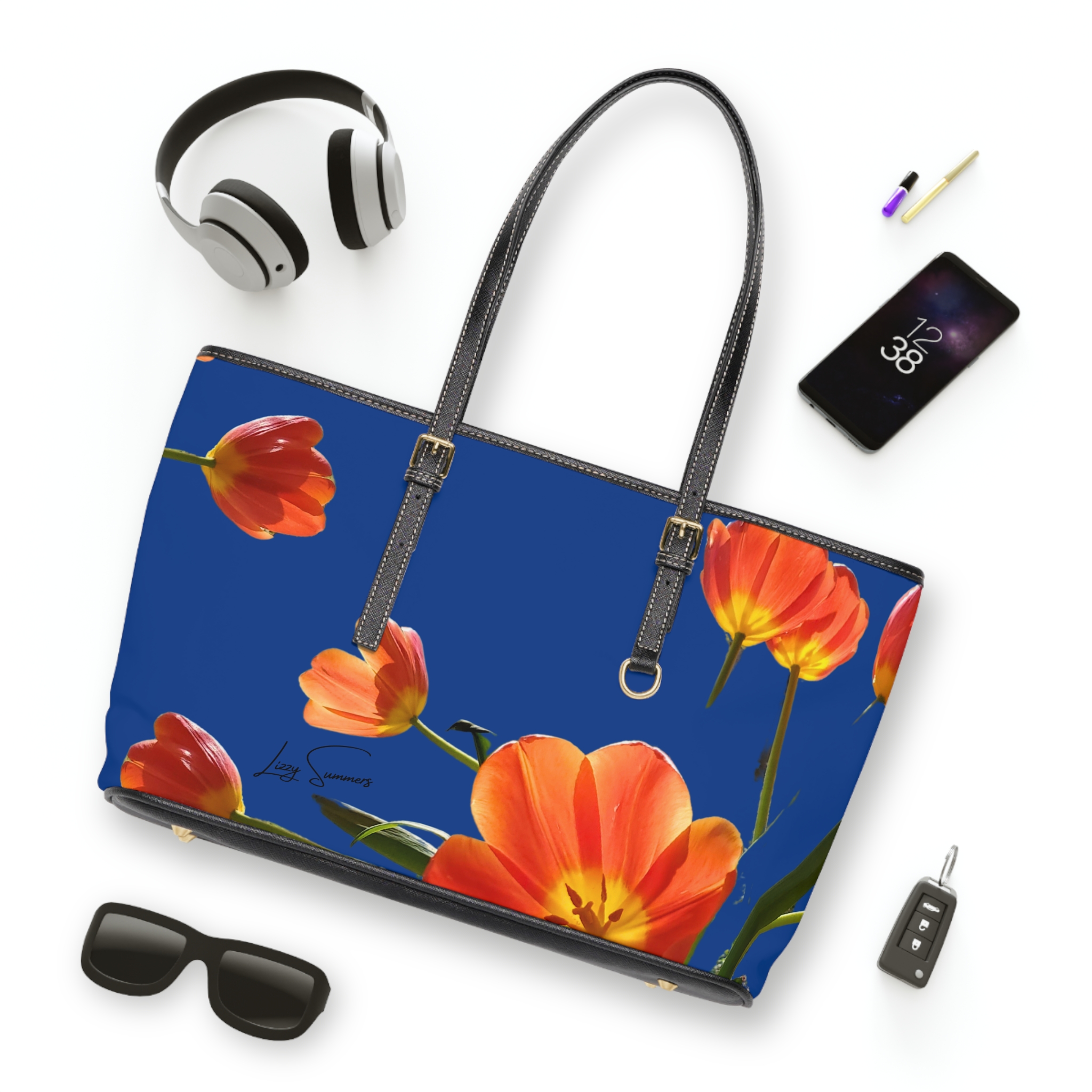 Orange Tulip on Blue PU Leather Shoulder Bag - Image 3
