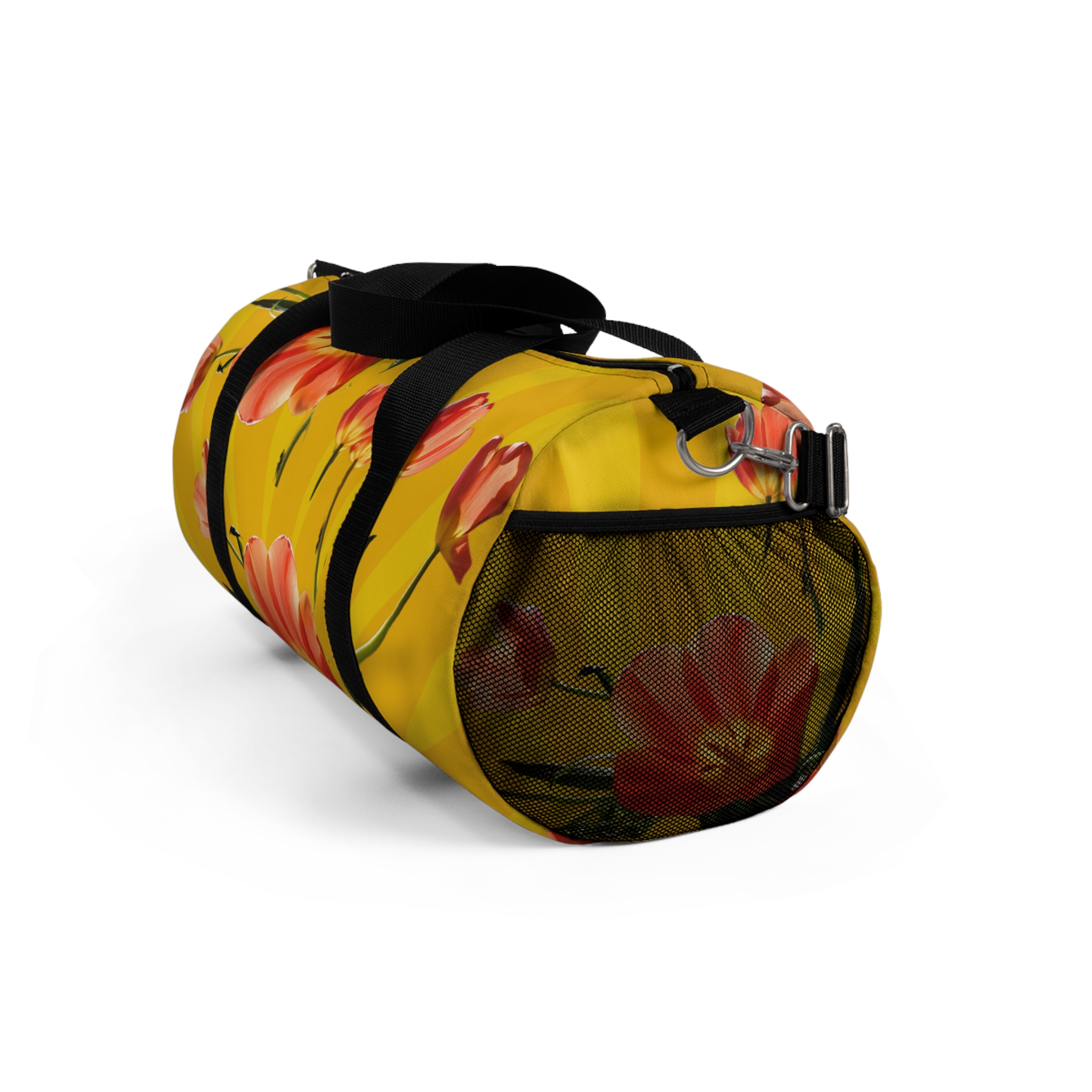 Vibrant Red Tulips on Yellow Duffel Bag - Image 8