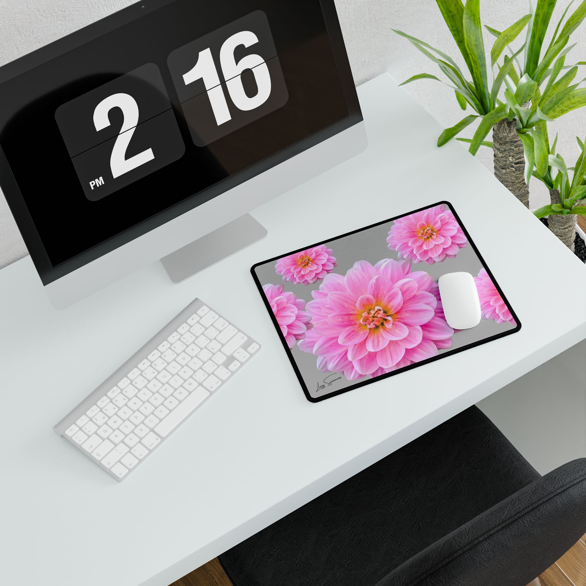Pink Flower on Grey Desk Mat Desk Pad - Image 7