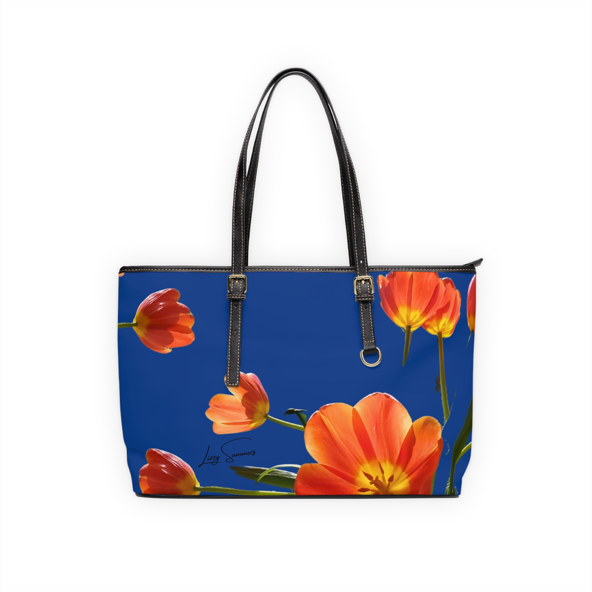 Orange Tulip on Blue PU Leather Shoulder Bag