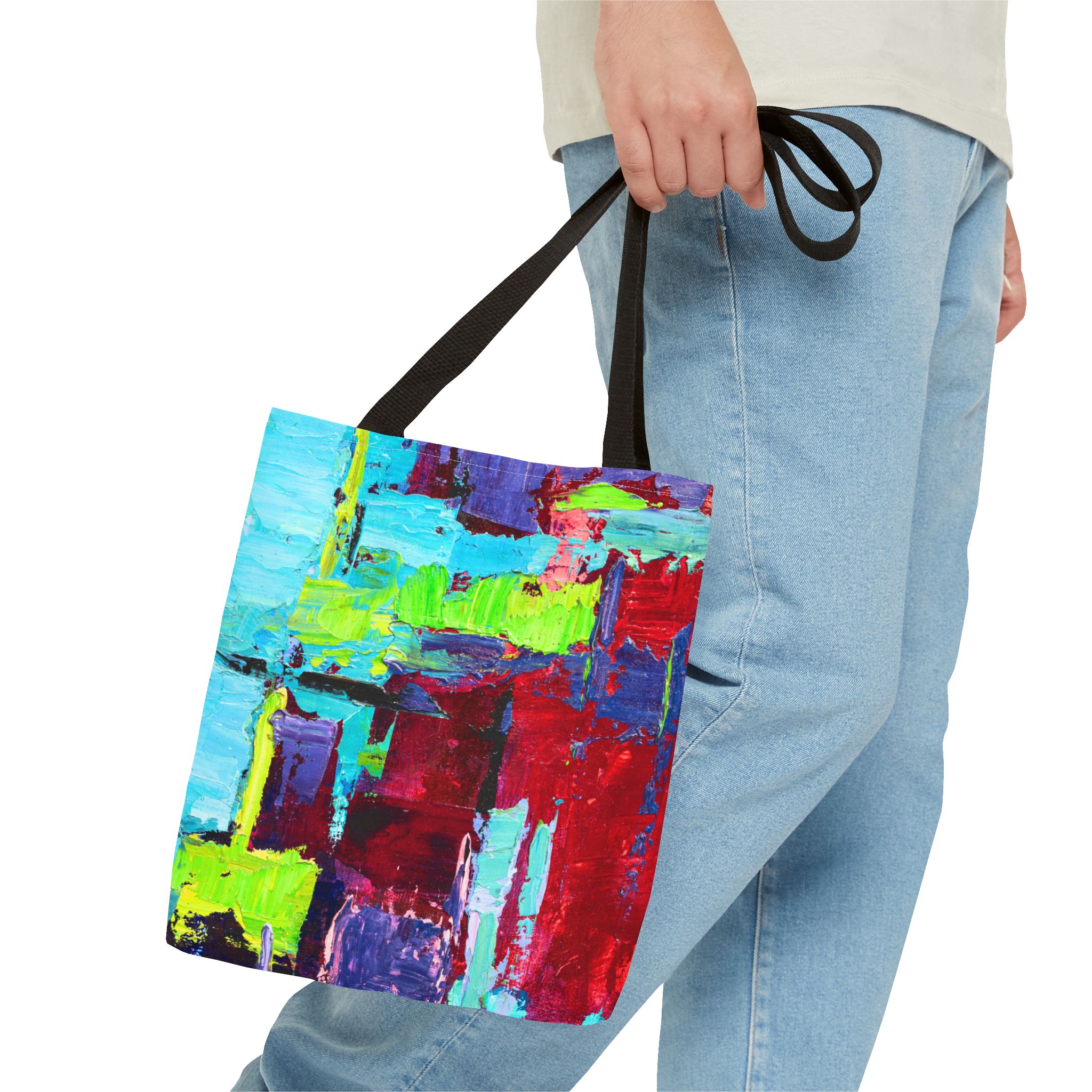 Abstract Painterly Deep Red and Sky Blue Tote Bag - Image 3
