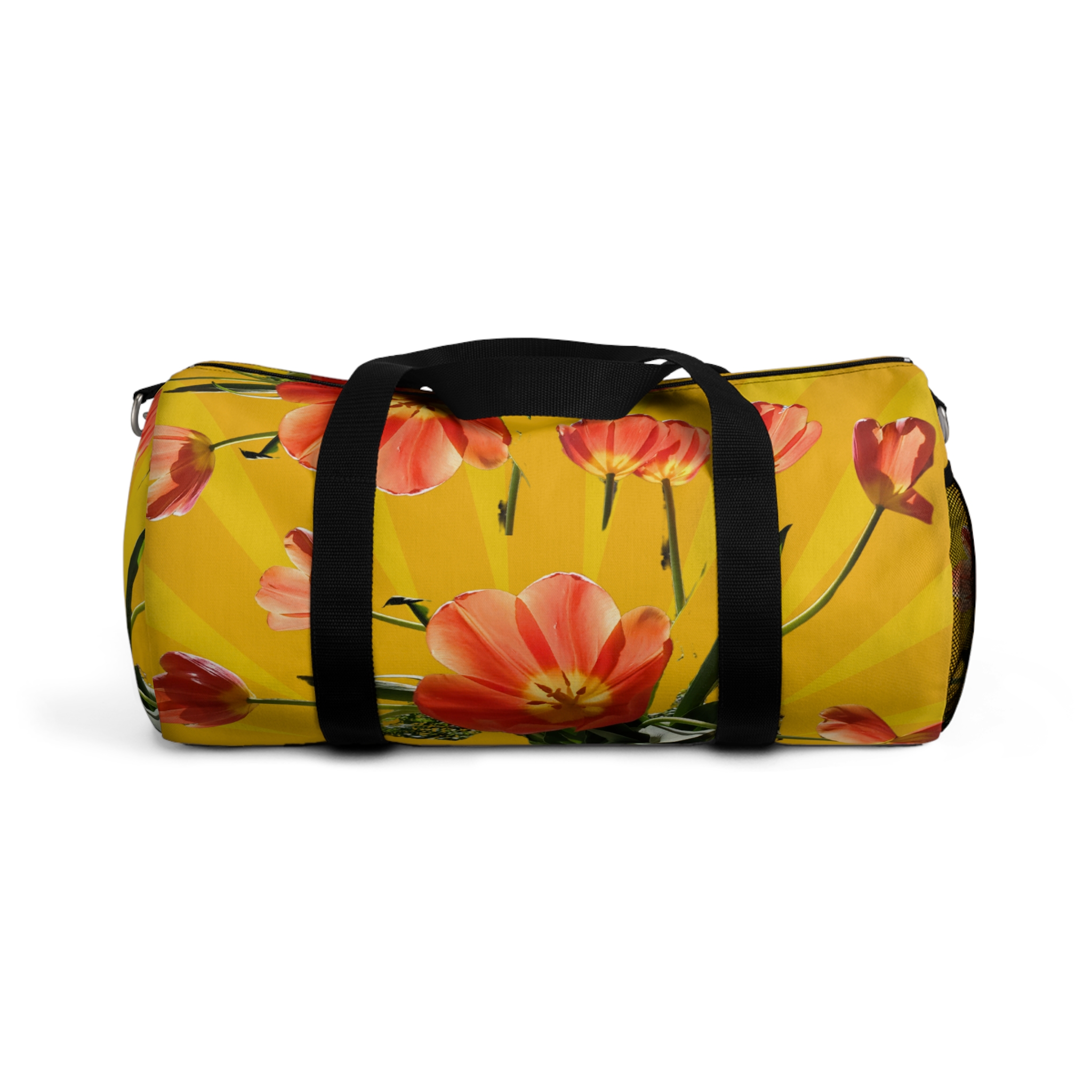 Vibrant Red Tulips on Yellow Duffel Bag - Image 5