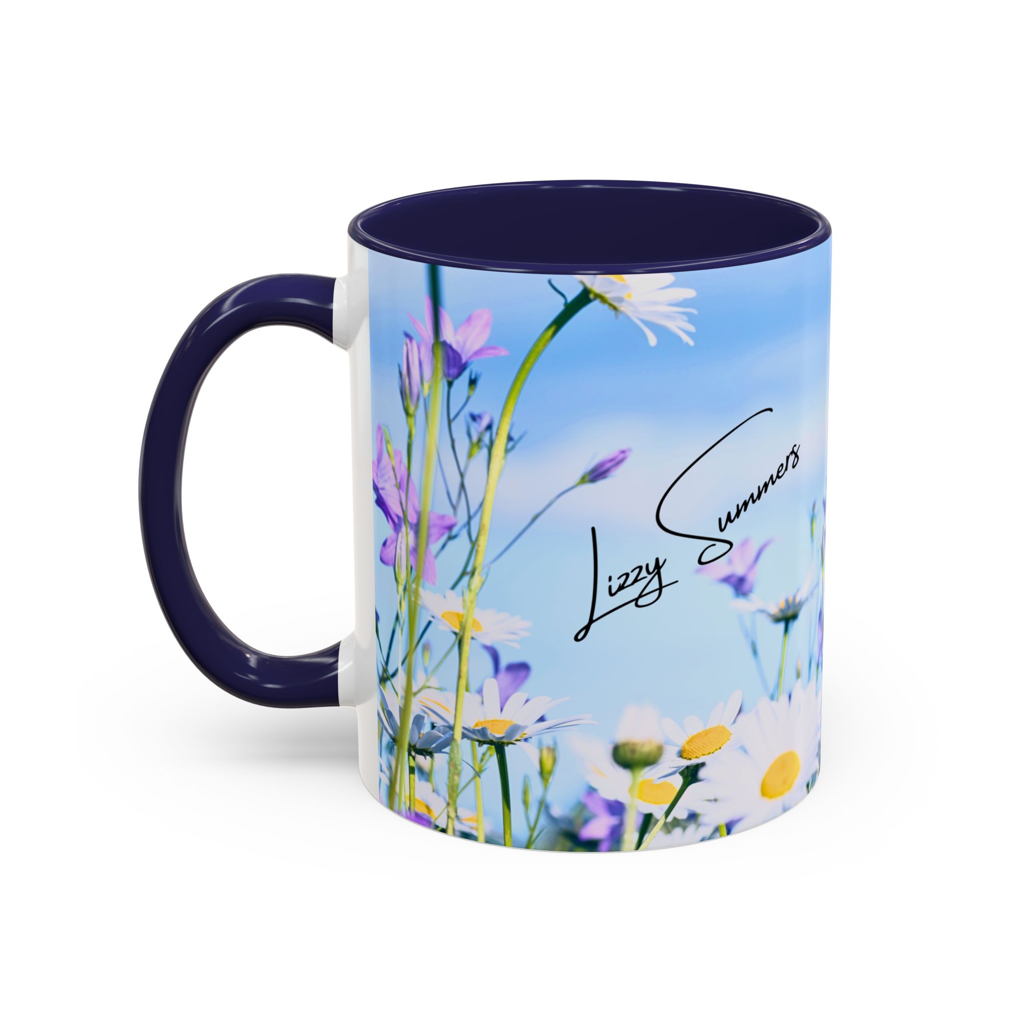 Coffee Mug Daisies and Purple Flowers on black mug - Image 3