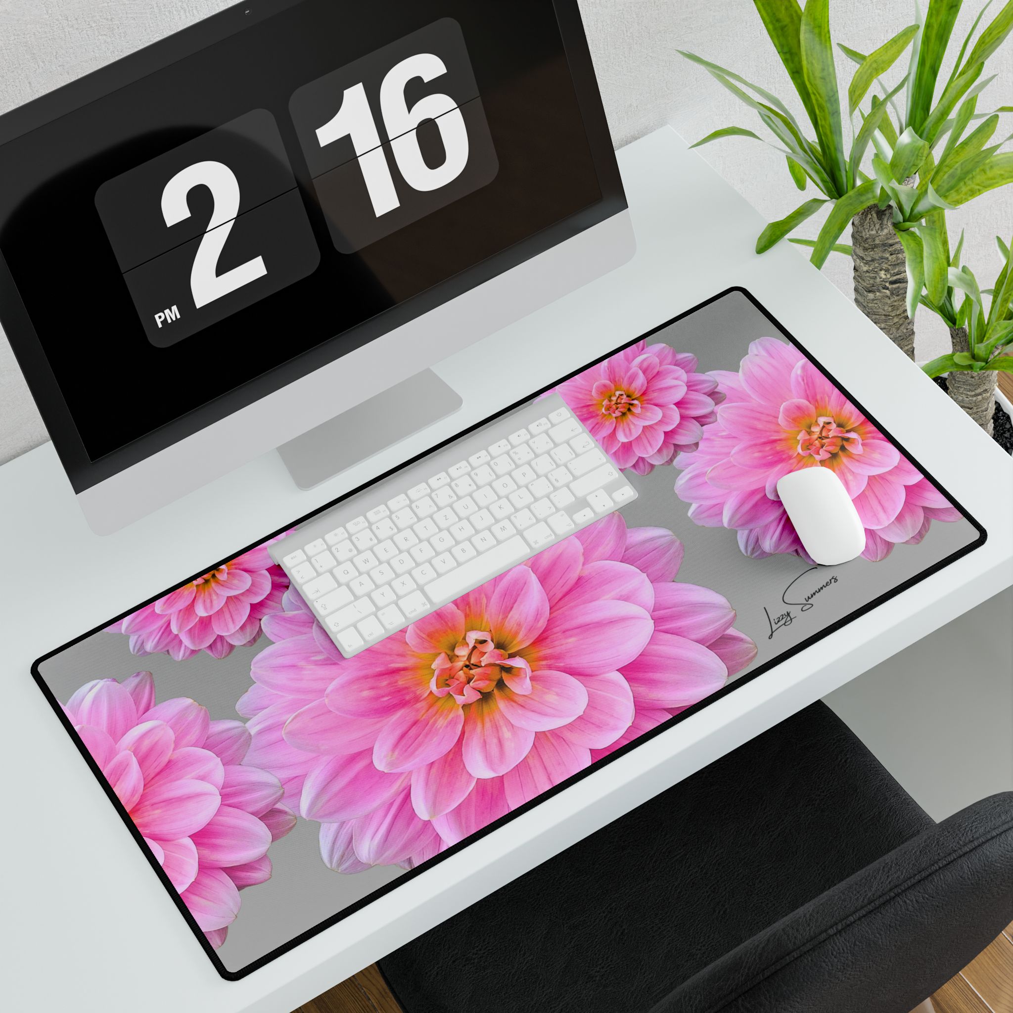 Pink Flower on Grey Desk Mat Desk Pad - Image 3
