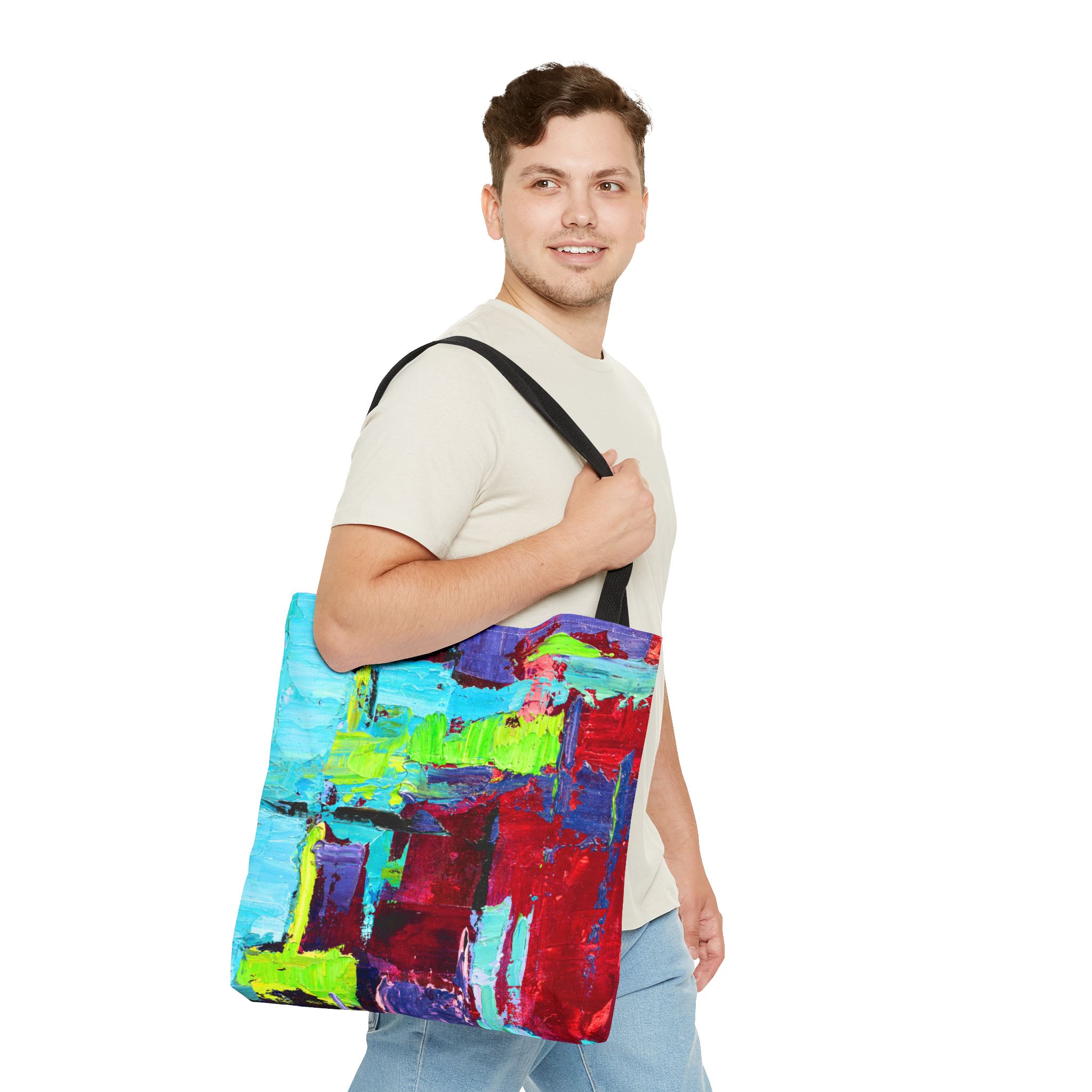 Abstract Painterly Deep Red and Sky Blue Tote Bag - Image 11