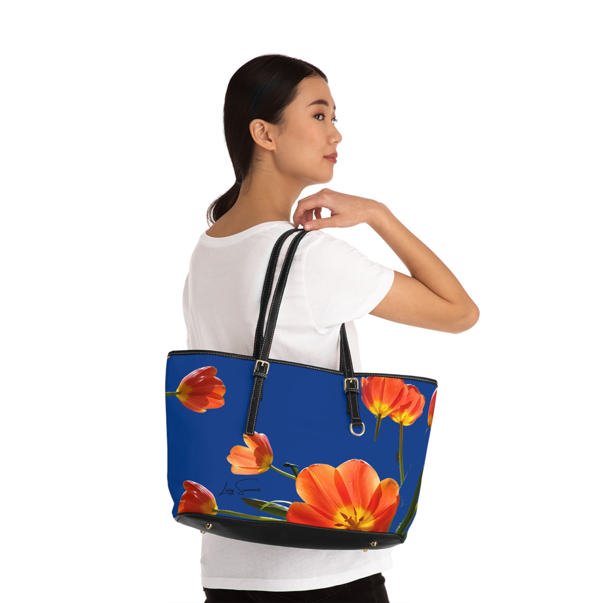 Orange Tulip on Blue PU Leather Shoulder Bag - Image 4