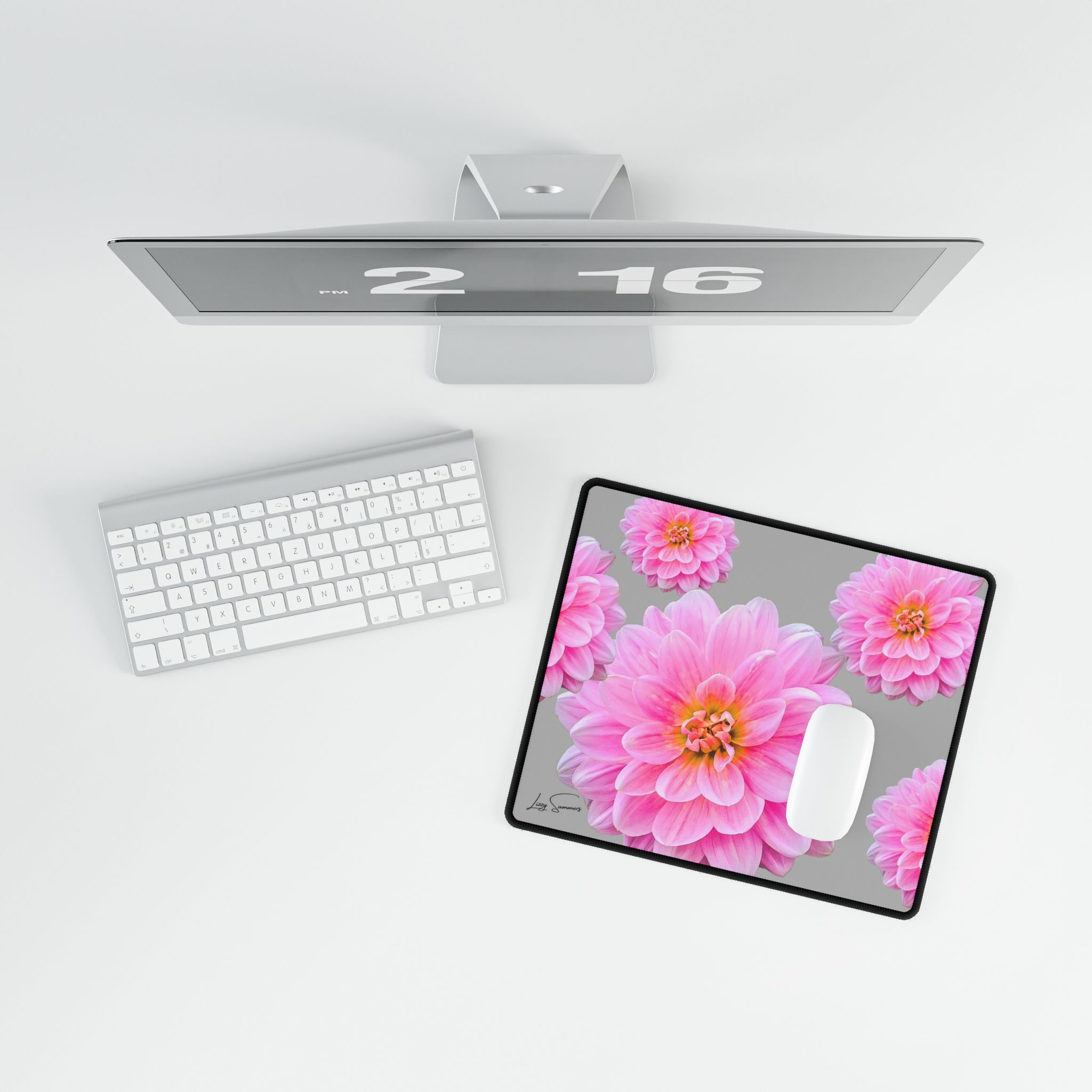 Pink Flower on Grey Desk Mat Desk Pad - Image 8