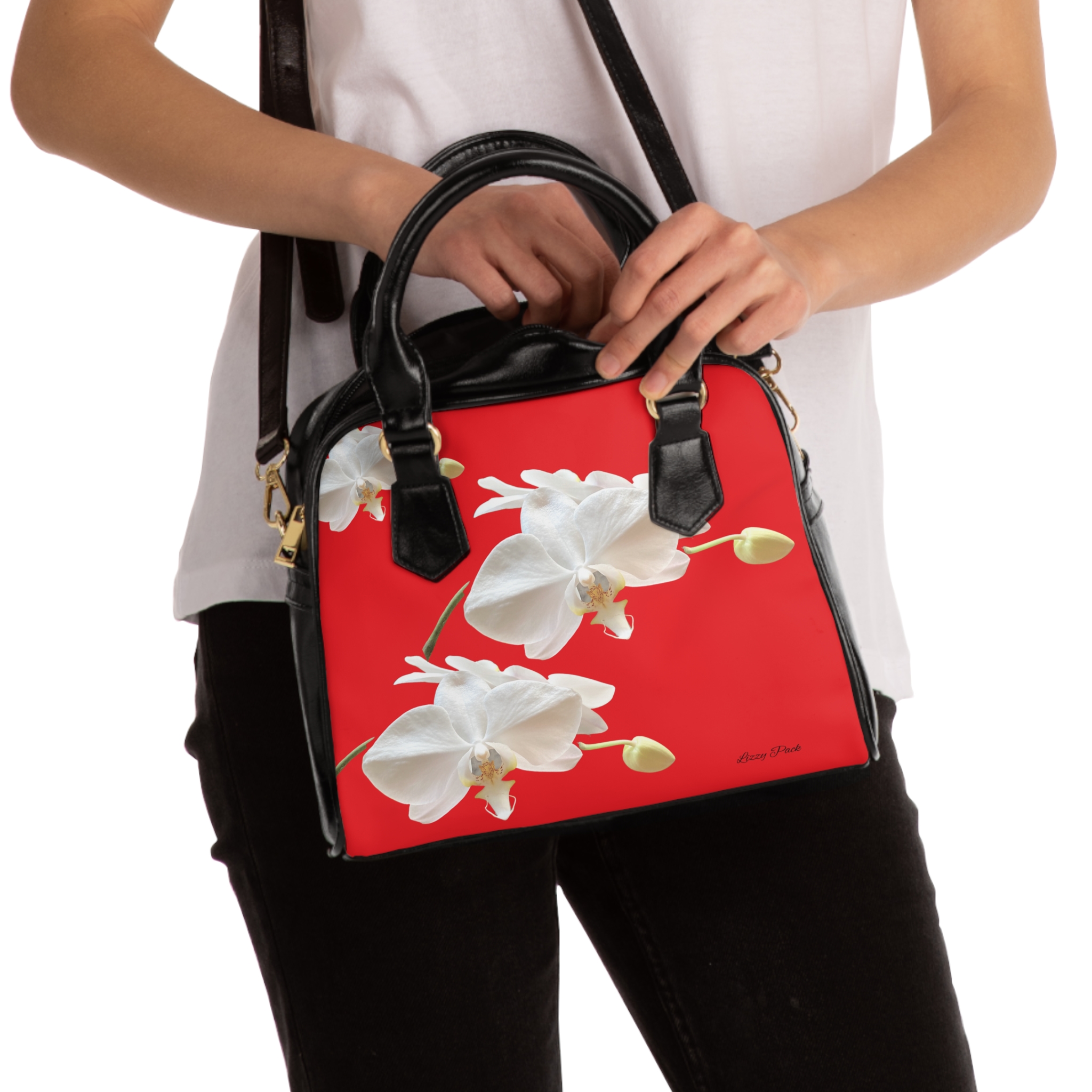 Hand Bag White Orchid on Red