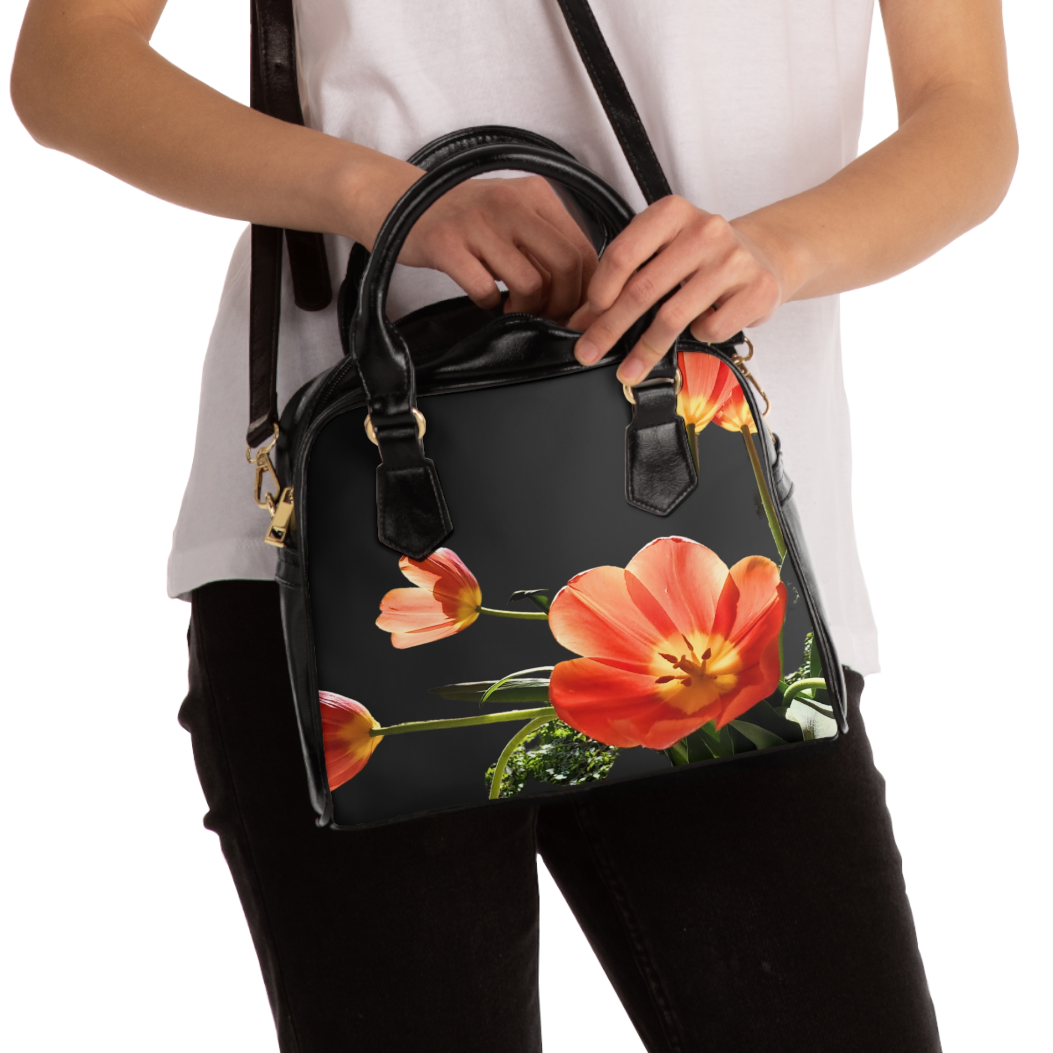 Tulips on Black Handbag - Image 4