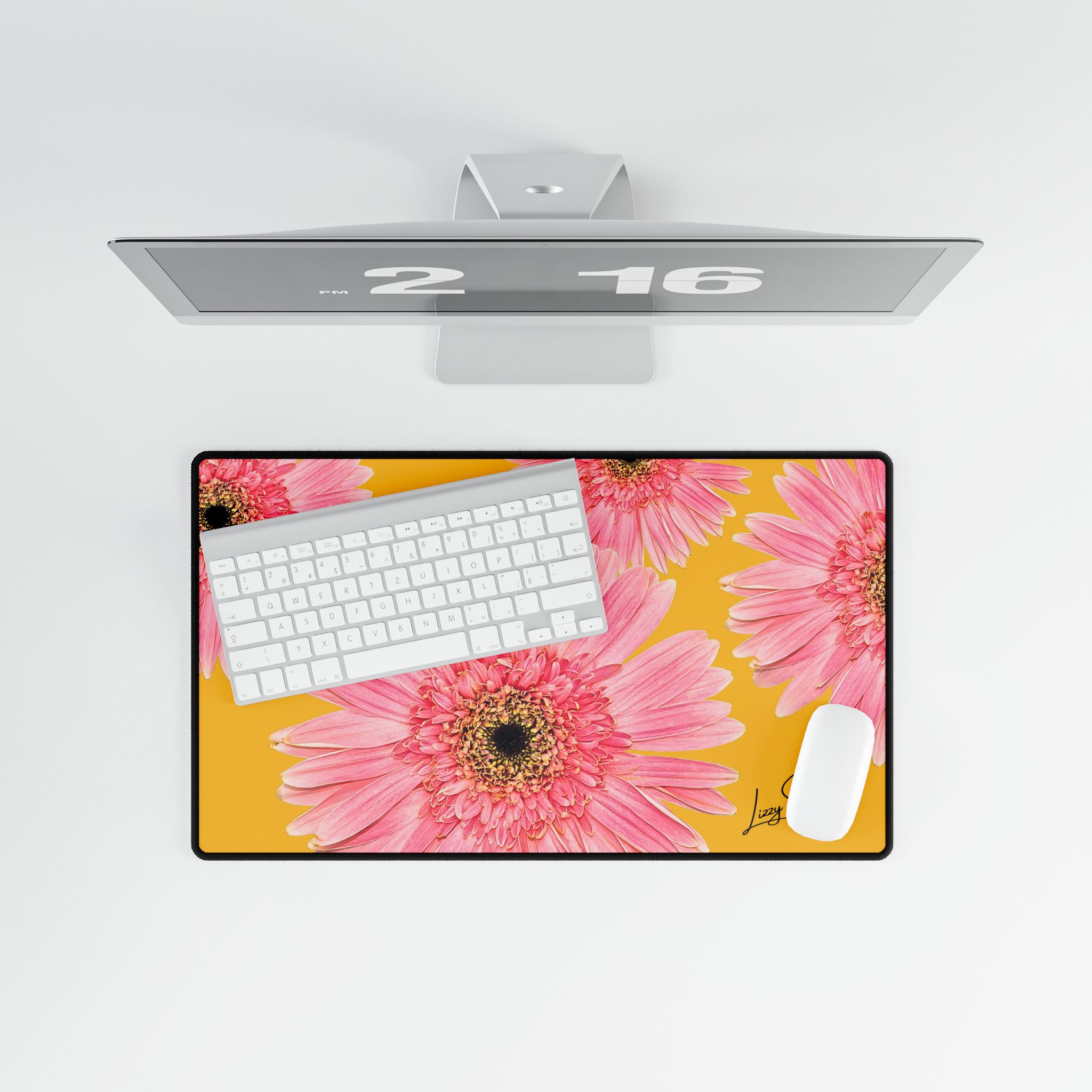 Desk Mat Desk Pad Pink Flower on Yellow - Image 12