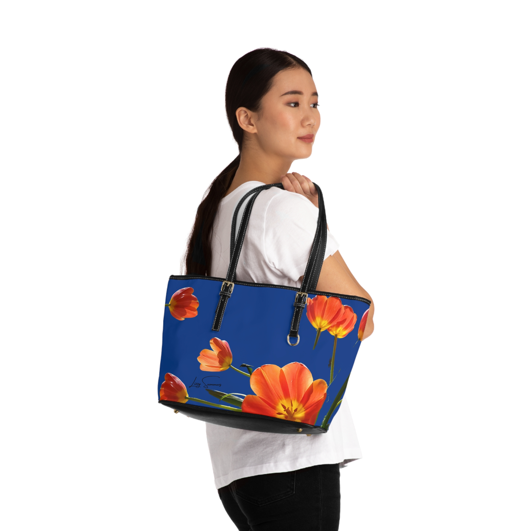 Orange Tulip on Blue PU Leather Shoulder Bag - Image 8