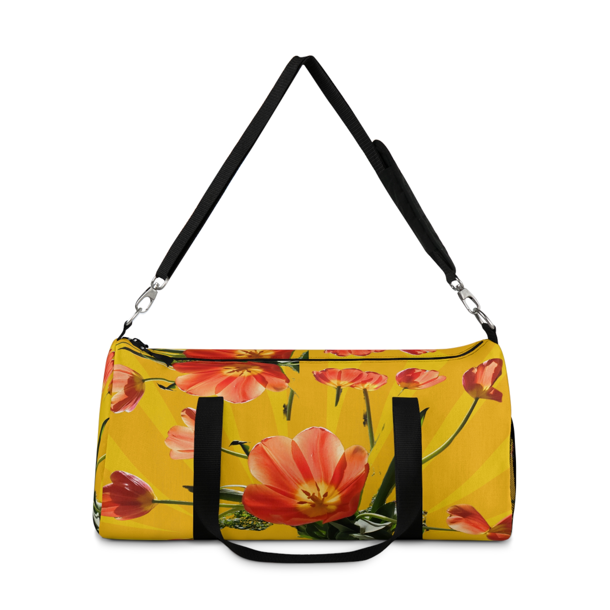 Vibrant Red Tulips on Yellow Duffel Bag - Image 2