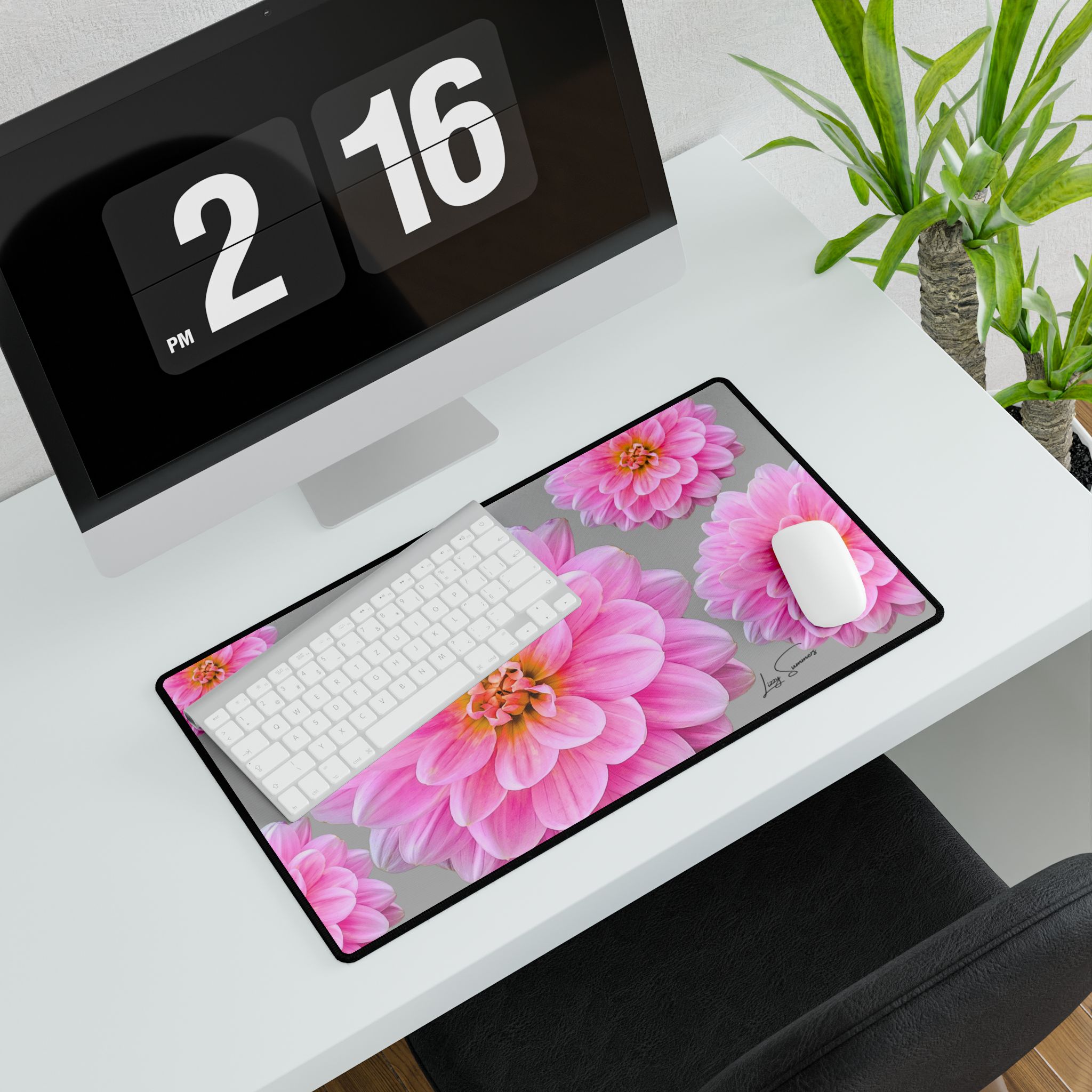 Pink Flower on Grey Desk Mat Desk Pad - Image 11