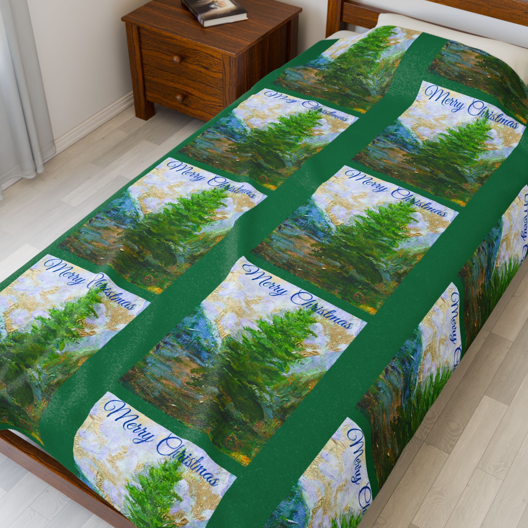 Cozy Velveteen Plush Blanket with Tree Design - Perfect for Holiday Comfort Green - Image 11