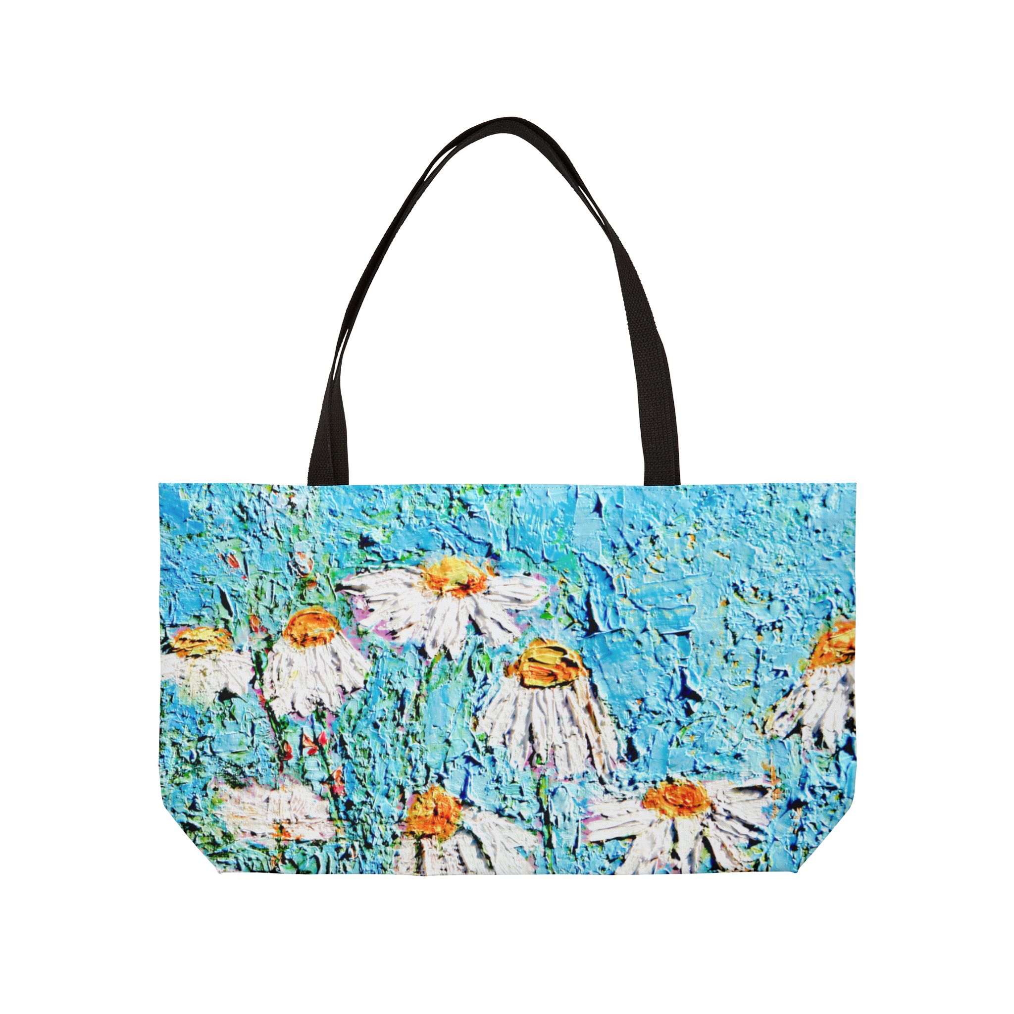 painted daisies on sky blue weekender tote bag