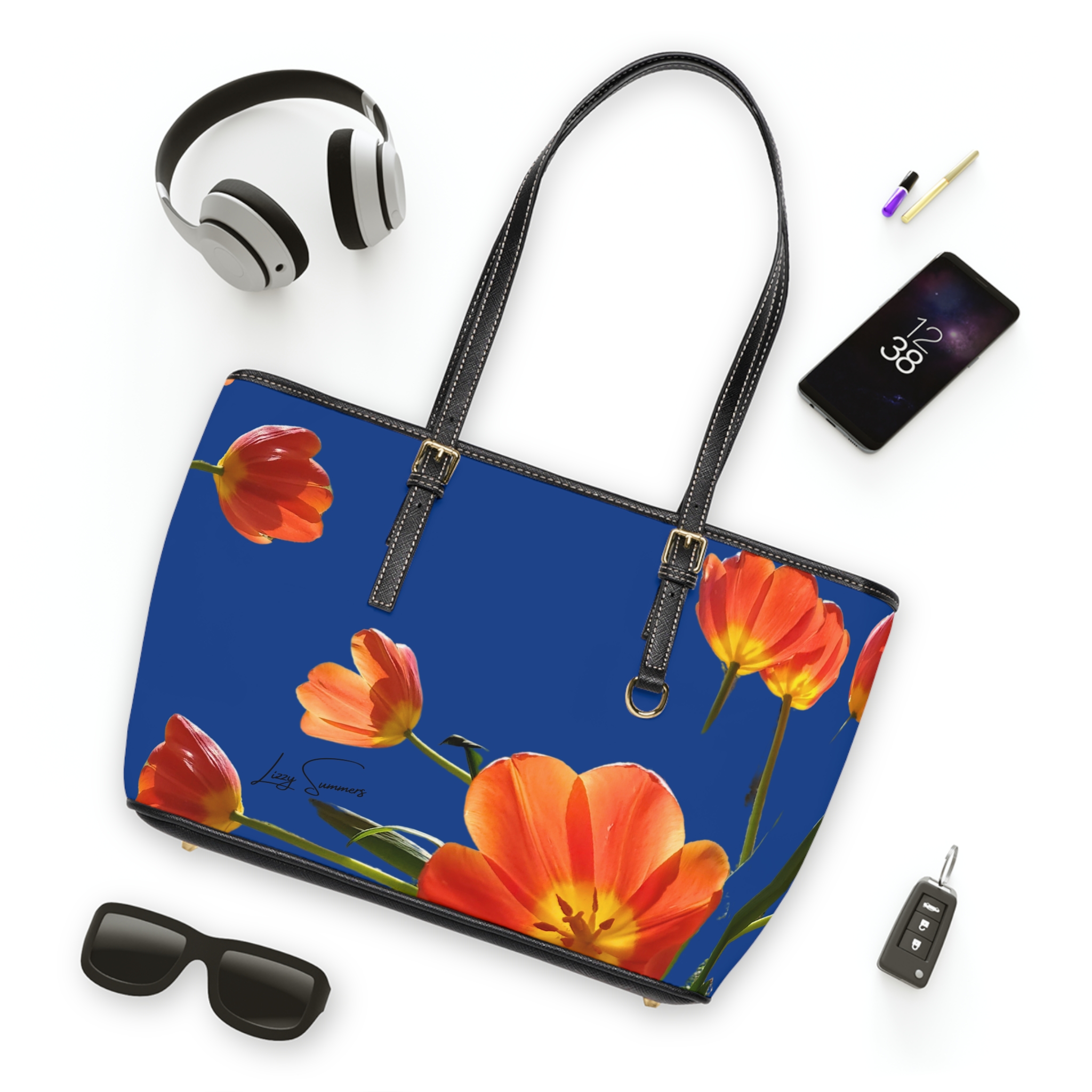 Orange Tulip on Blue PU Leather Shoulder Bag - Image 7
