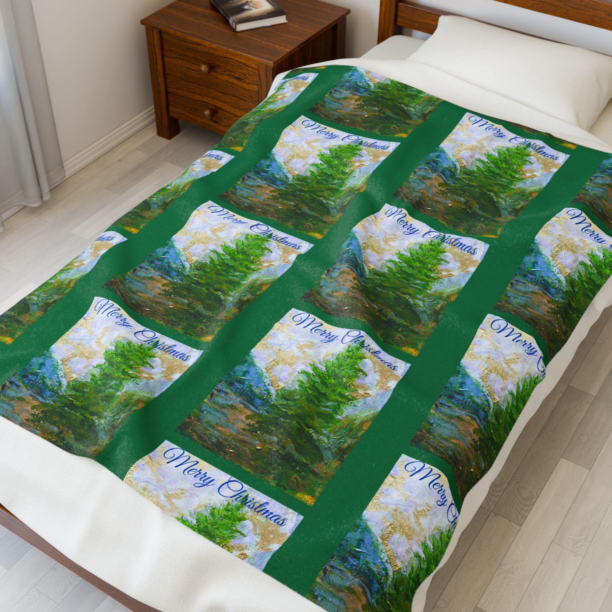 Cozy Velveteen Plush Blanket with Tree Design - Perfect for Holiday Comfort Green - Image 7