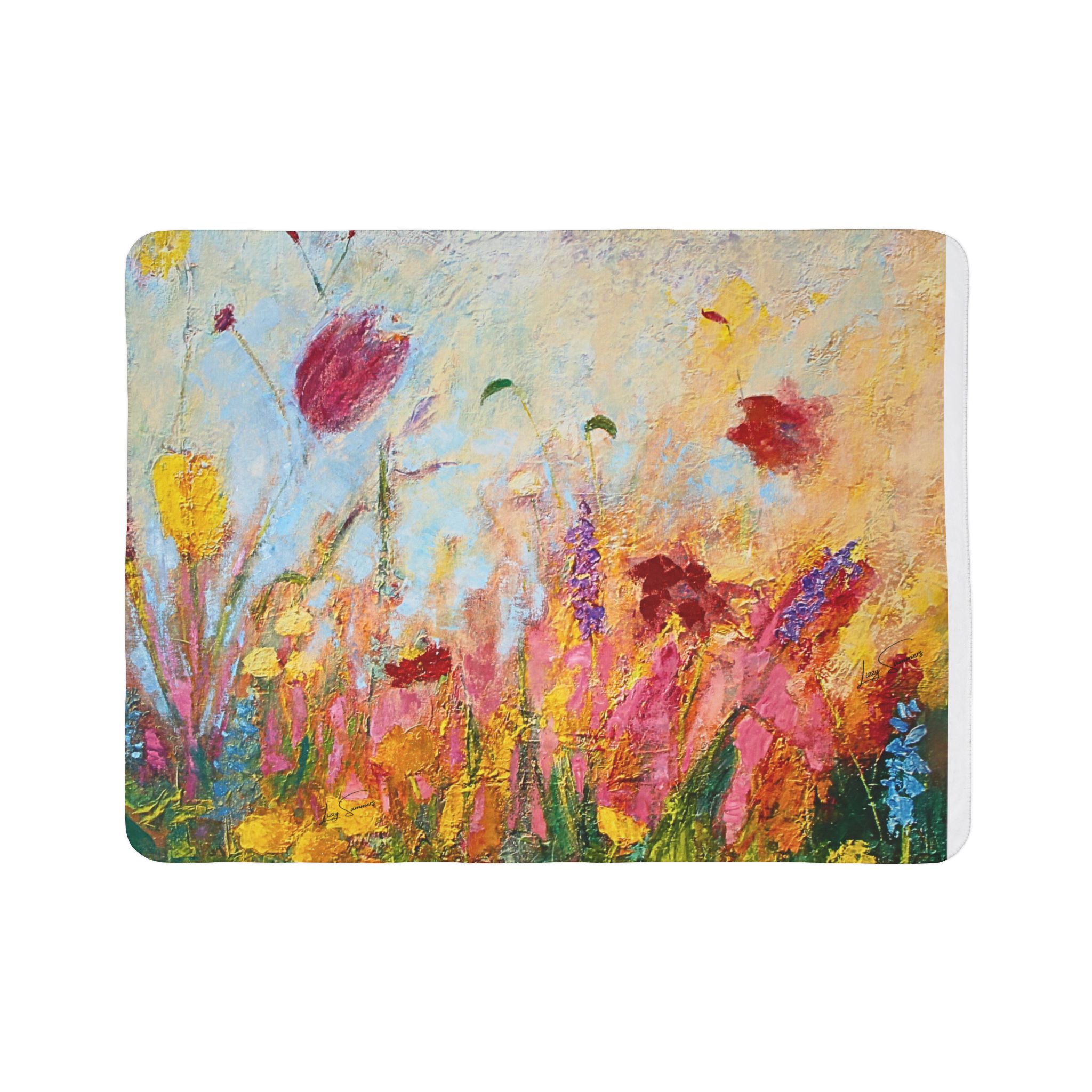 Colorful Fleece Sherpa Blanket -Painted Wildflowers - Image 2