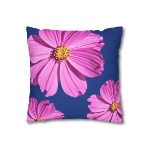 Floral Canvas Pillowcase — Pink Cosmos on Navy Square Pillow