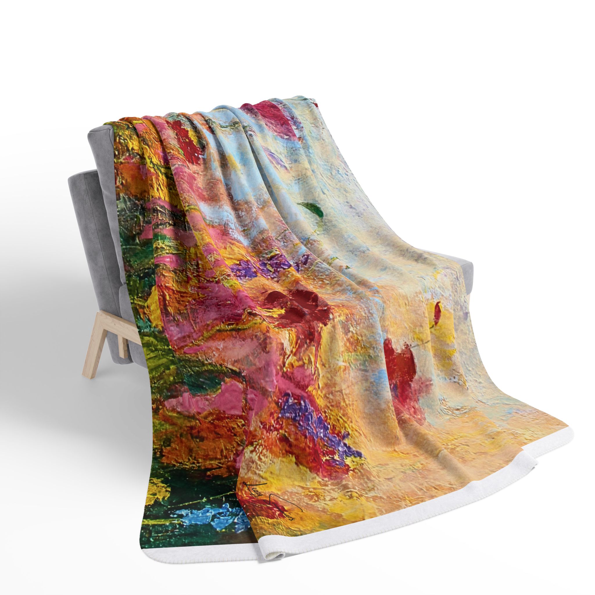 Colorful Fleece Sherpa Blanket -Painted Wildflowers - Image 5