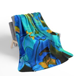 Colorful Fleece Sherpa Blanket -River Muse in Teal and Blue