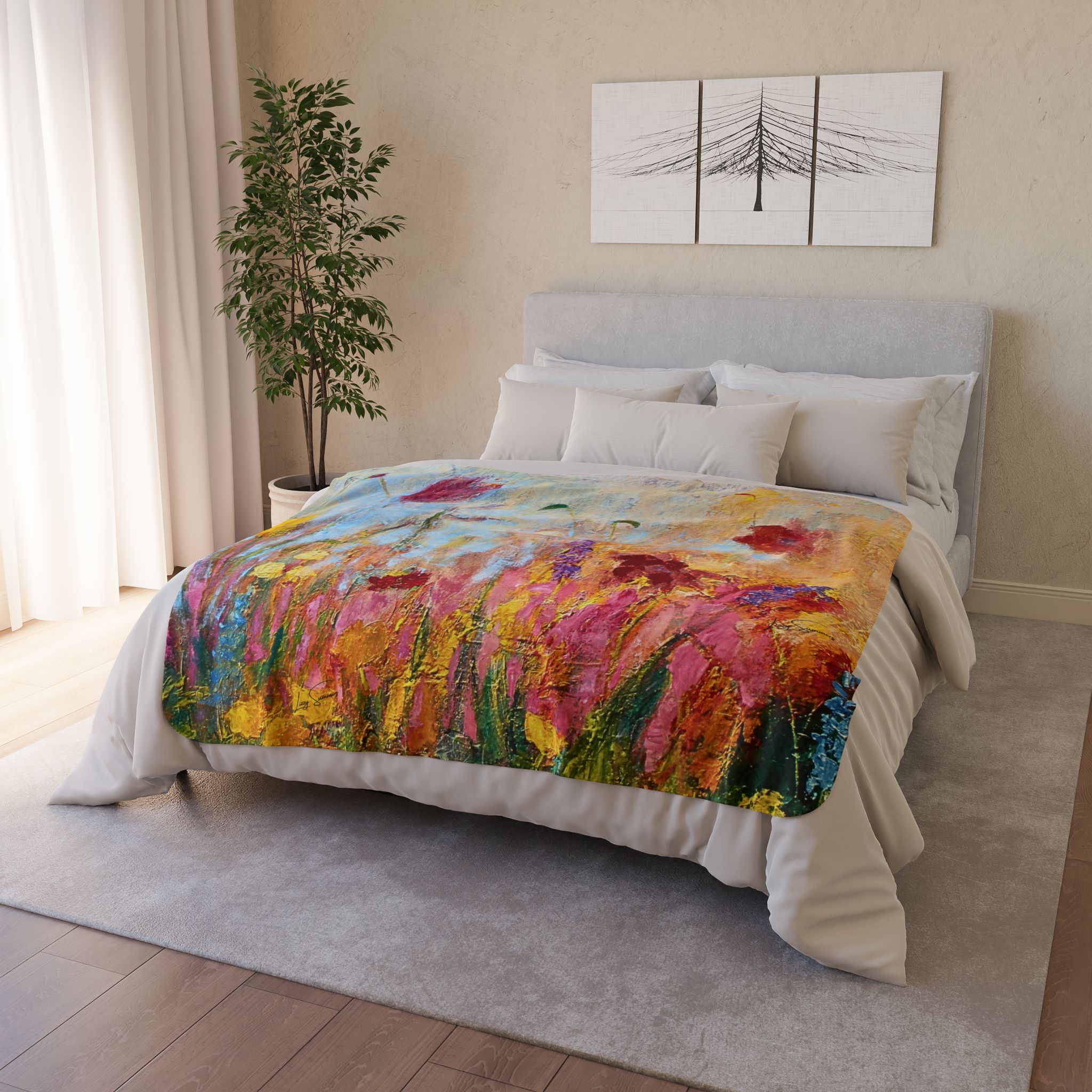 Colorful Fleece Sherpa Blanket -Painted Wildflowers - Image 10