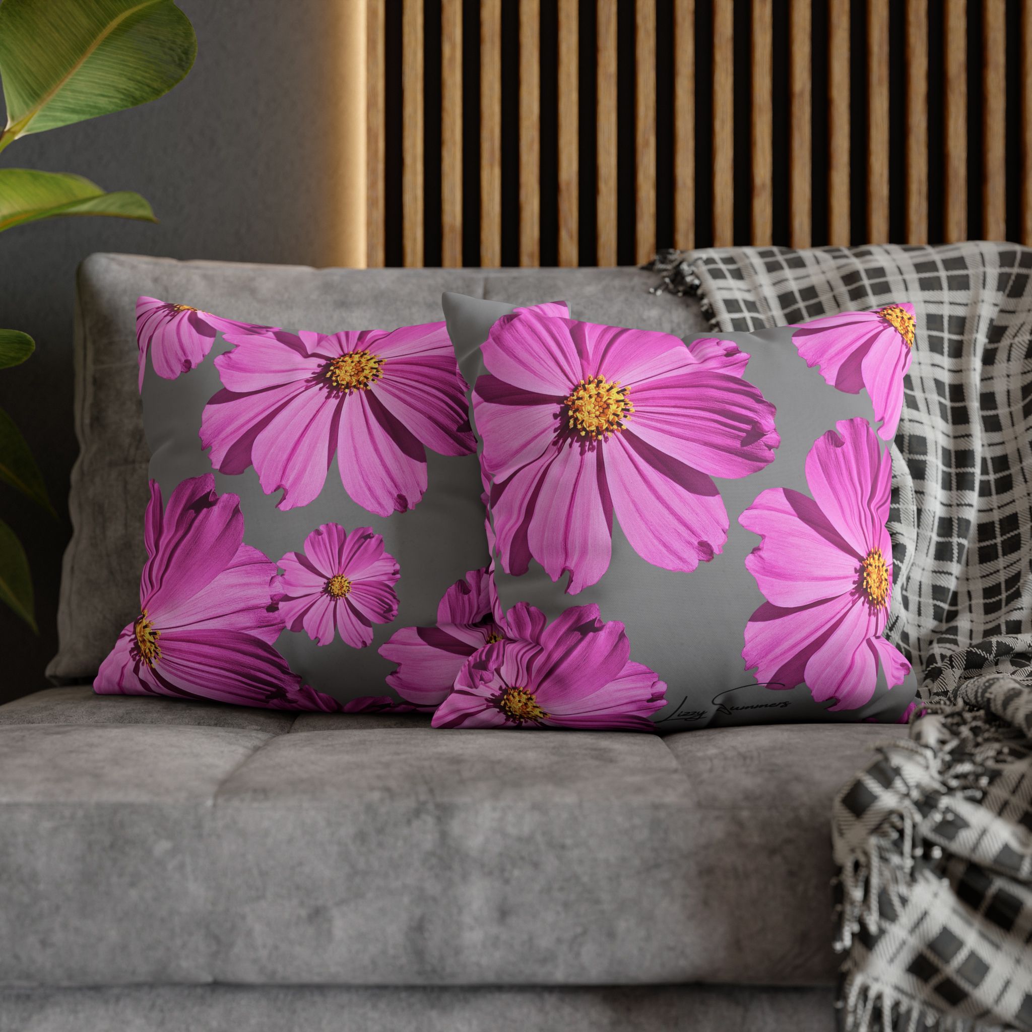 Floral Canvas Pillowcase — Pink Cosmos on grey - Image 11