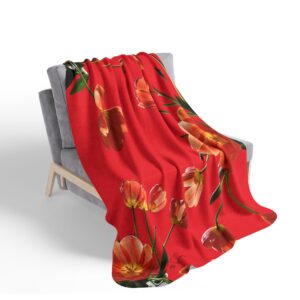 Colorful Fleece Sherpa Blanket Vibrant Tulips on Red