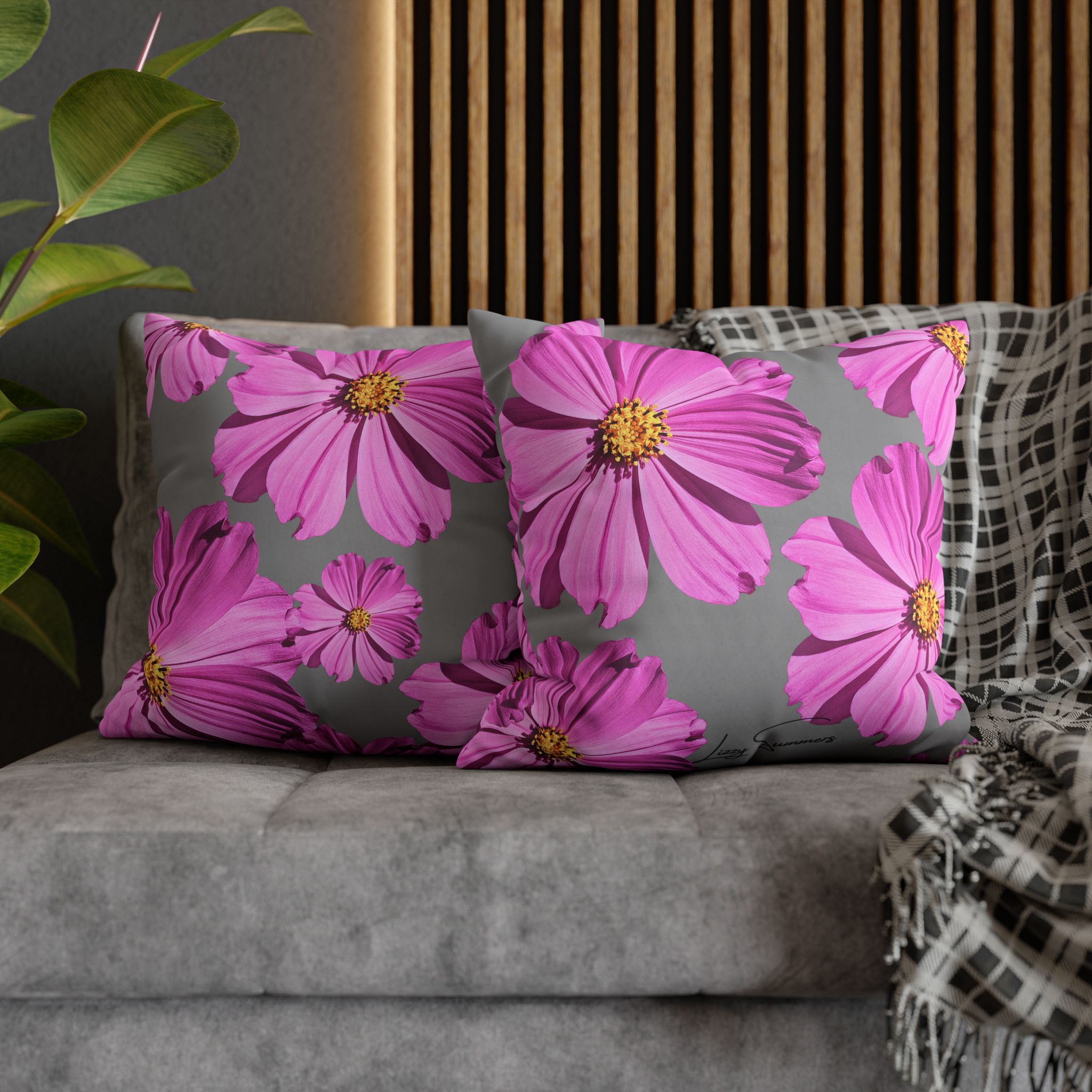 Floral Canvas Pillowcase — Pink Cosmos on grey - Image 16