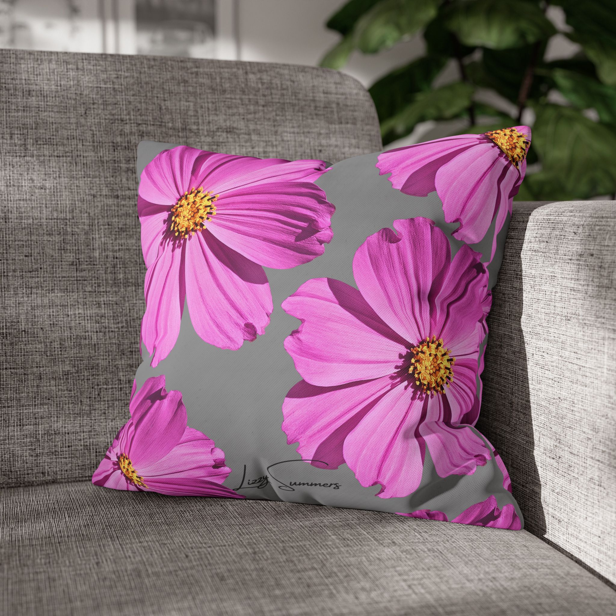 Floral Canvas Pillowcase — Pink Cosmos on grey - Image 5