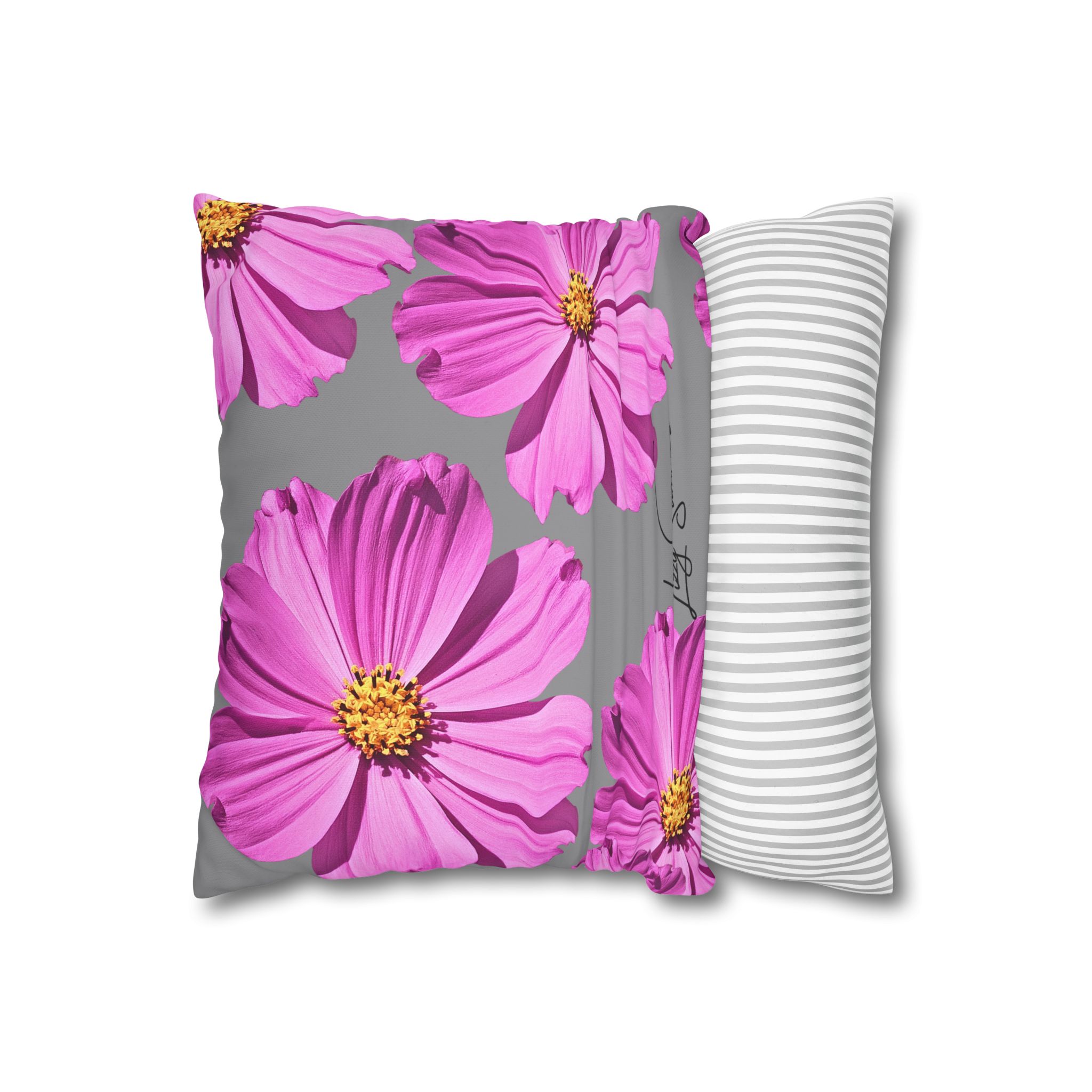 Floral Canvas Pillowcase — Pink Cosmos on grey - Image 2