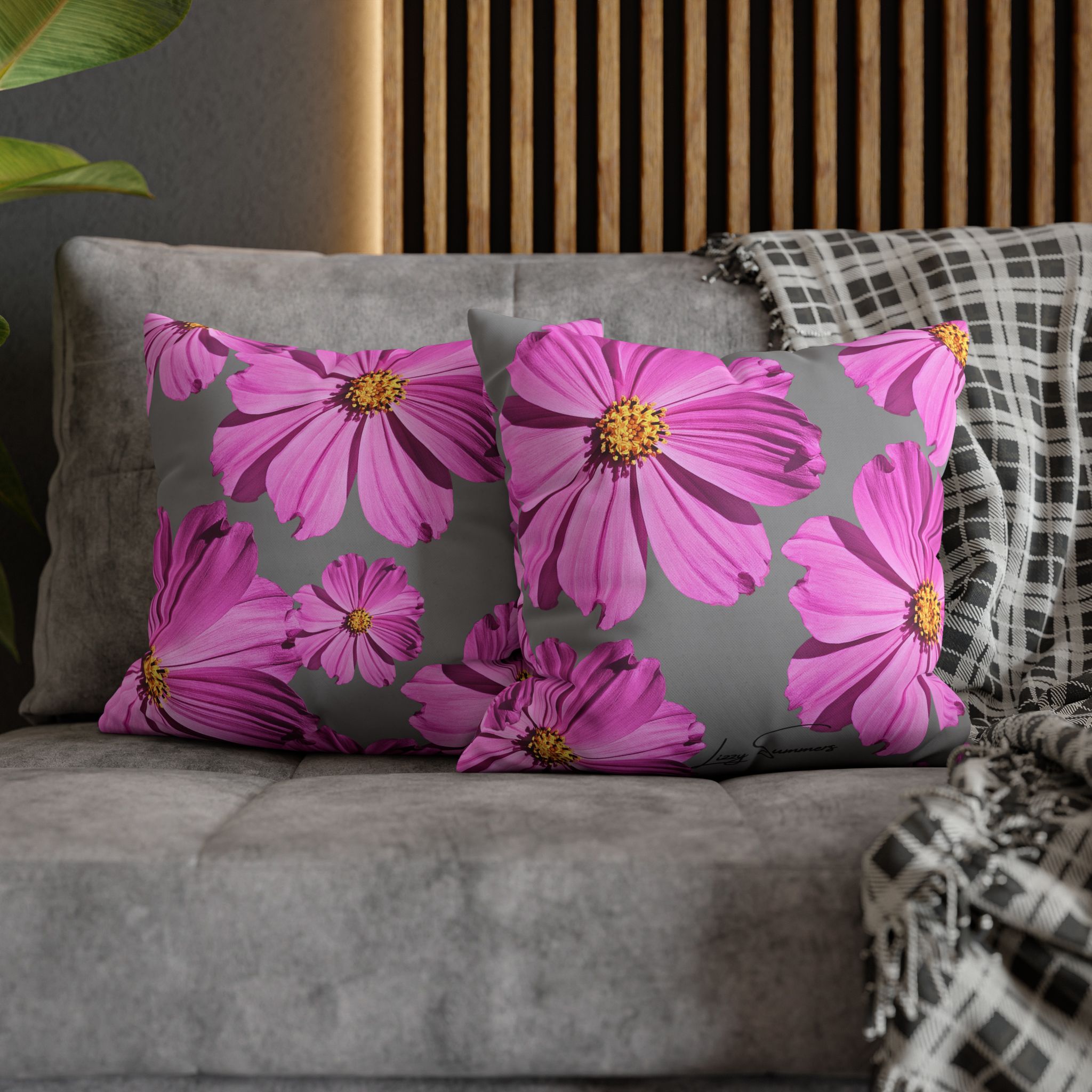 Floral Canvas Pillowcase — Pink Cosmos on grey - Image 6