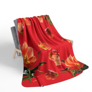 Colorful Fleece Sherpa Blanket - Tulips on Apple Red